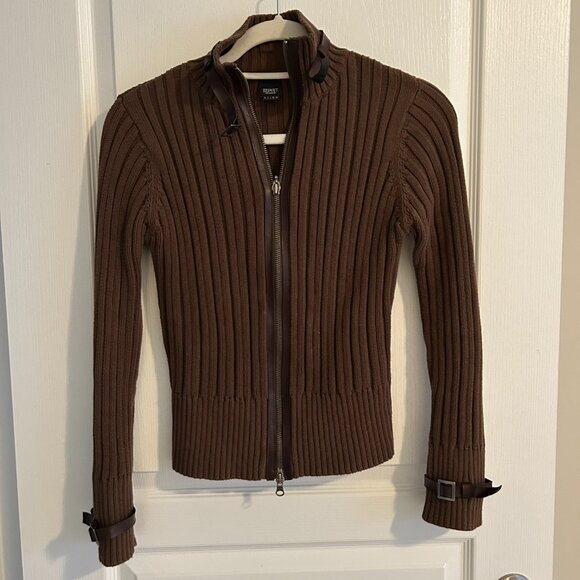 Esprit Collection Ribbed Knit Cardigan with two way Zip-Sz XS-Olive Khaki - Picture 5 of 5